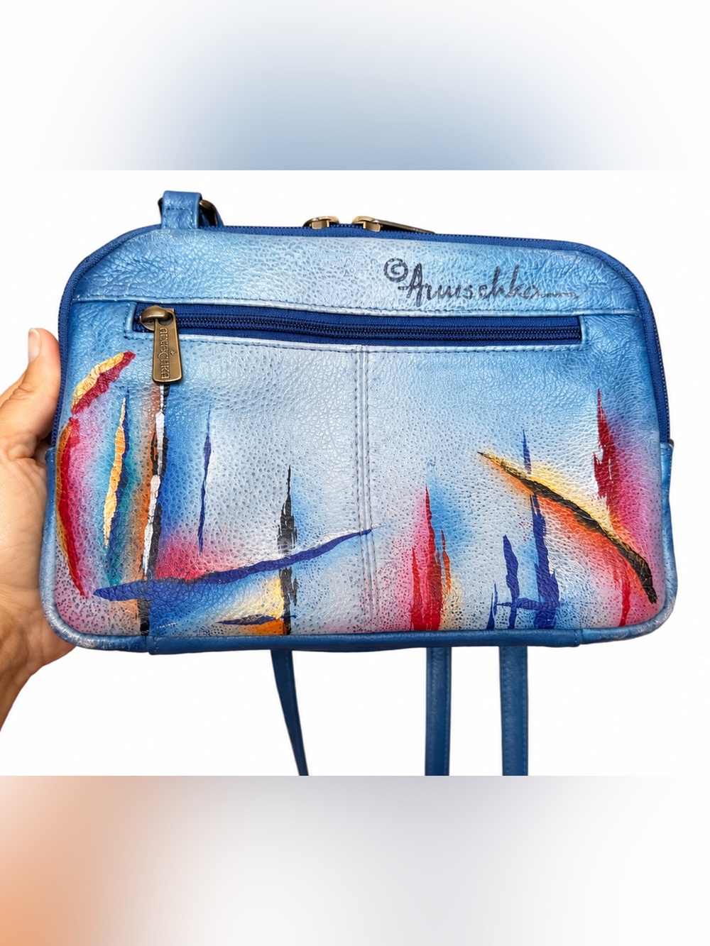 Anuschka Hand Painted Genuine Leather Abstract Art Crossbody Bag - Picture 2 of 13